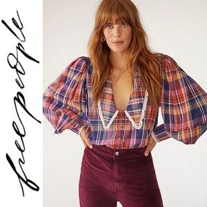 Free People Bexley Plaid Puff Balloon Sleeve Top